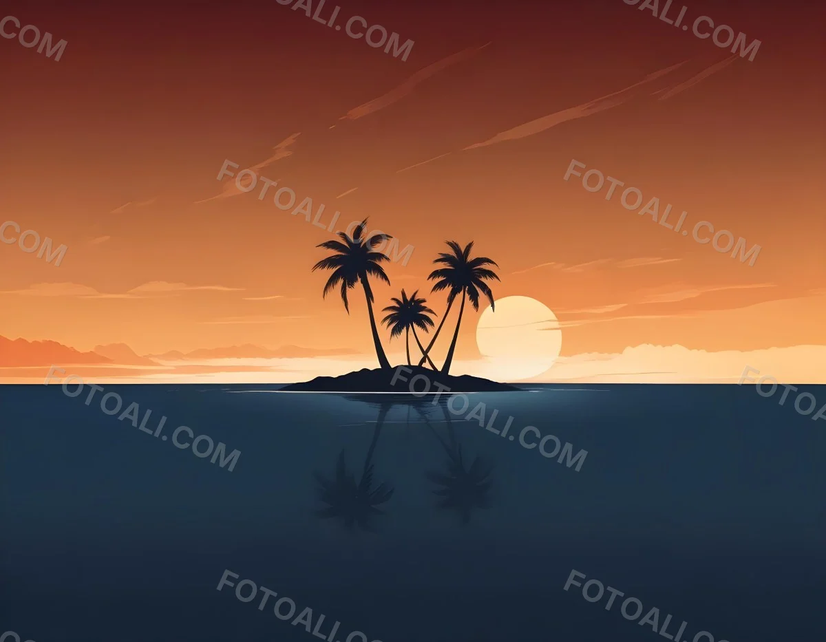 Digital Painting A Minimalist Scene Depicting A Small Island With Two Palm Trees Silhouetted Against A Gradient Sunset Sky Transitioning From Orange To Dark Blue The Water Is Calm Reflecting The Colors Of The Sky Wi 13 993f