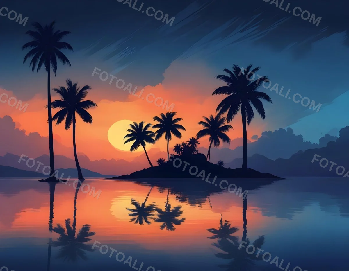 Digital Painting A Minimalist Scene Depicting A Small Island With Two Palm Trees Silhouetted Against A Gradient Sunset Sky Transitioning From Orange To Dark Blue The Water Is Calm Reflecting The Colors Of The Sky Wi 14 95d5