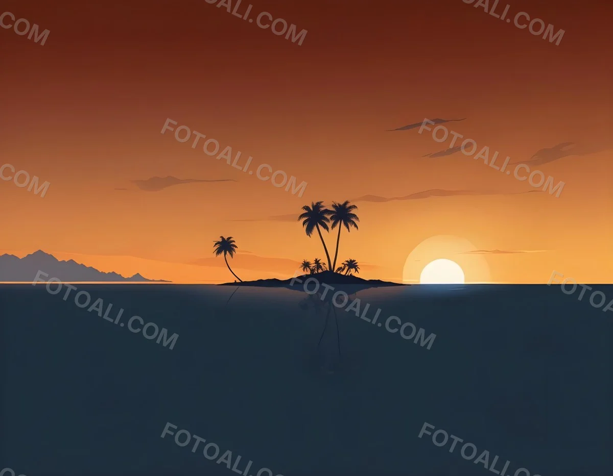 Digital Painting A Minimalist Scene Depicting A Small Island With Two Palm Trees Silhouetted Against A Gradient Sunset Sky Transitioning From Orange To Dark Blue The Water Is Calm Reflecting The Colors Of The Sky Wi 16 2e97