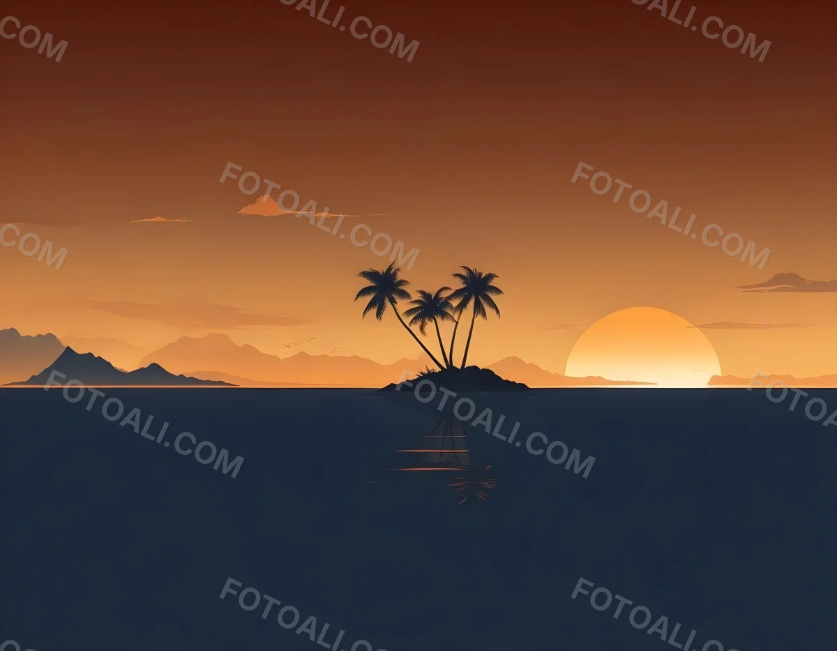 Digital Painting A Minimalist Scene Depicting A Small Island With Two Palm Trees Silhouetted Against A Gradient Sunset Sky Transitioning From Orange To Dark Blue The Water Is Calm Reflecting The Colors Of The Sky Wi 19 676d