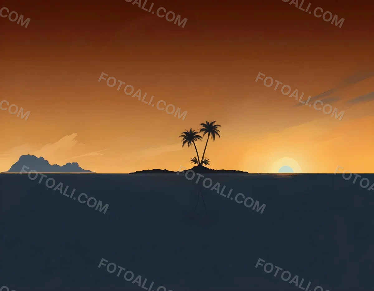 Digital Painting A Minimalist Scene Depicting A Small Island With Two Palm Trees Silhouetted Against A Gradient Sunset Sky Transitioning From Orange To Dark Blue The Water Is Calm Reflecting The Colors Of The Sky Wi 21 Da18
