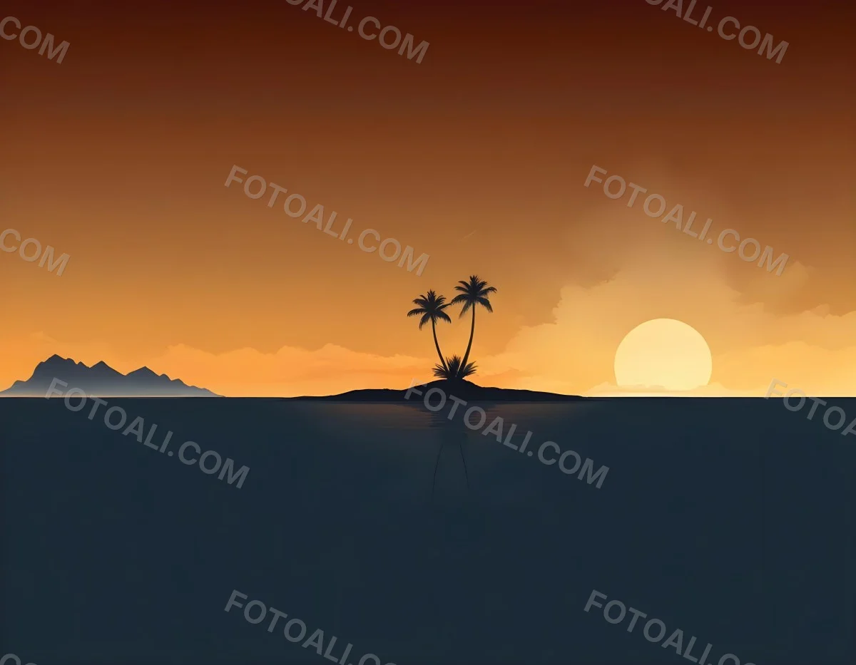 Digital Painting A Minimalist Scene Depicting A Small Island With Two Palm Trees Silhouetted Against A Gradient Sunset Sky Transitioning From Orange To Dark Blue The Water Is Calm Reflecting The Colors Of The Sky Wi 22 A066
