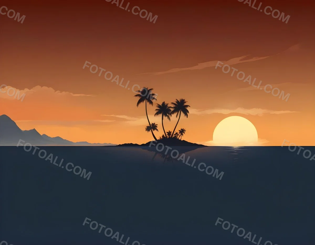 Digital Painting A Minimalist Scene Depicting A Small Island With Two Palm Trees Silhouetted Against A Gradient Sunset Sky Transitioning From Orange To Dark Blue The Water Is Calm Reflecting The Colors Of The Sky Wi 23 D6f9