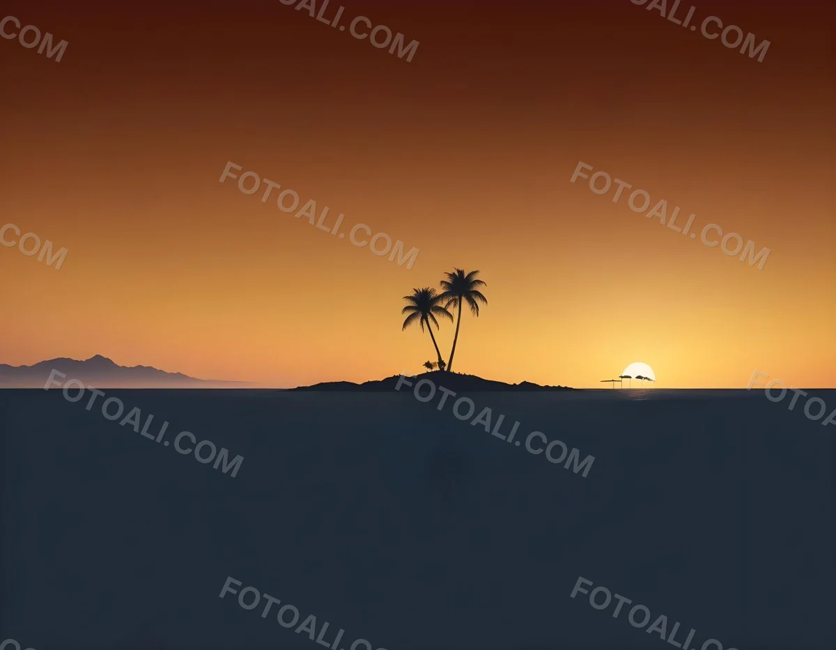Digital Painting A Minimalist Scene Depicting A Small Island With Two Palm Trees Silhouetted Against A Gradient Sunset Sky Transitioning From Orange To Dark Blue The Water Is Calm Reflecting The Colors Of The Sky Wi 5 B6e0