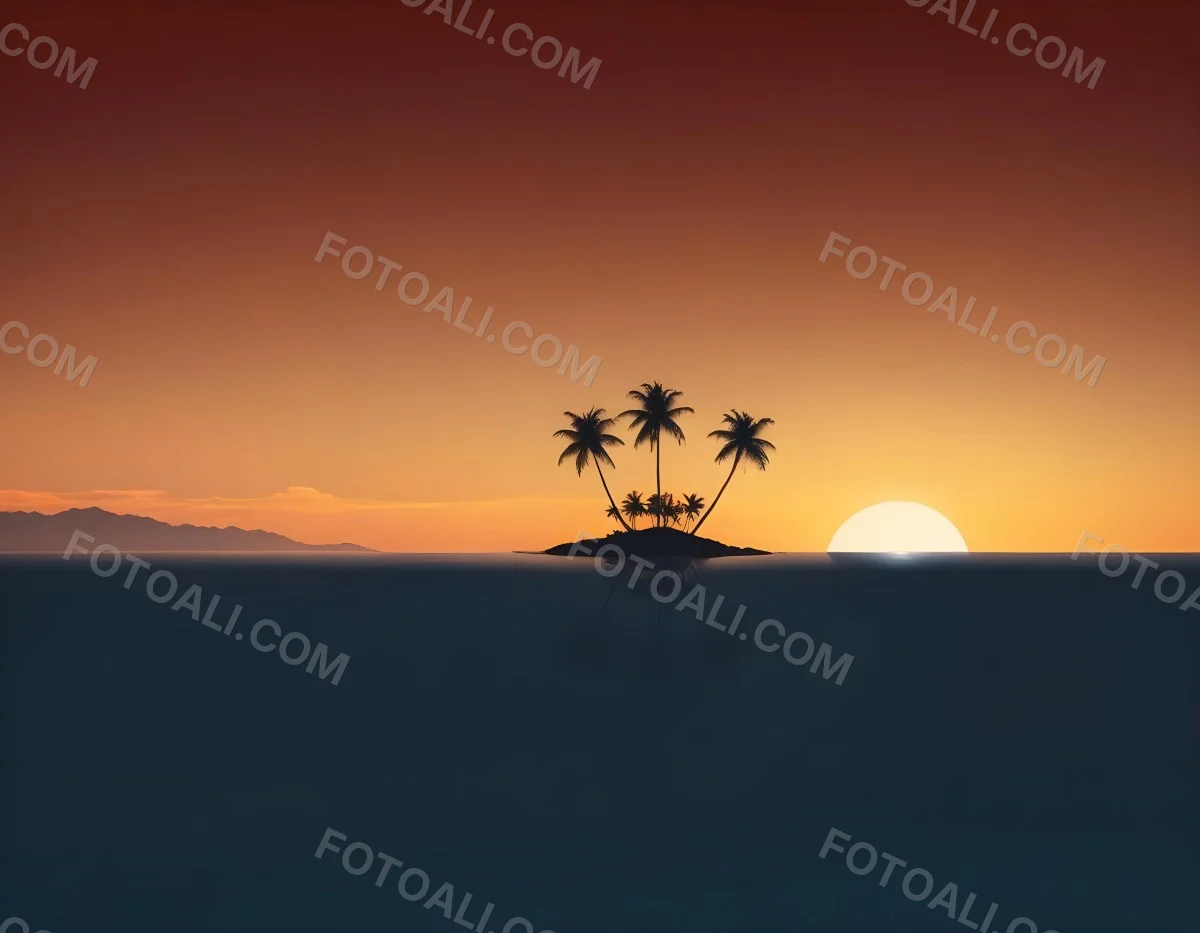 Digital Painting A Minimalist Scene Depicting A Small Island With Two Palm Trees Silhouetted Against A Gradient Sunset Sky Transitioning From Orange To Dark Blue The Water Is Calm Reflecting The Colors Of The Sky Wi 6 7859
