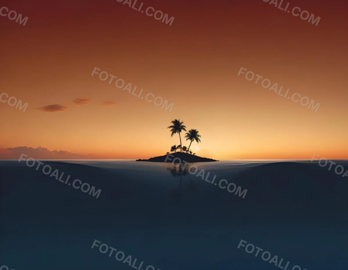 Digital Painting A Minimalist Scene Depicting A Small Island With Two Palm Trees Silhouetted Against A Gradient Sunset Sky Transitioning From Orange To Dark Blue The Water Is Calm Reflecting The Colors Of The Sky Wi 7 Be7f