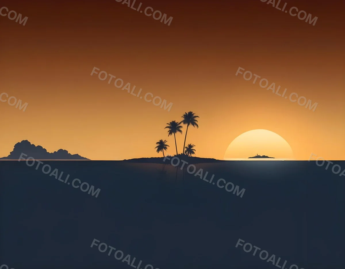Digital Painting A Minimalist Scene Depicting A Small Island With Two Palm Trees Silhouetted Against A Gradient Sunset Sky Transitioning From Orange To Dark Blue The Water Is Calm Reflecting The Colors Of The Sky Wi 8 06ea