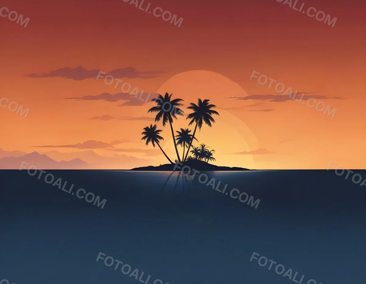 Digital Painting A Minimalist Scene Depicting A Small Island With Two Palm Trees Silhouetted Against A Gradient Sunset Sky Transitioning From Orange To Dark Blue The Water Is Calm Reflecting The Colors Of The Sky Wi 9 9fdc