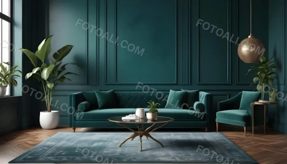 Digital Painting A Modern Living Room With A Dark Green Velvet Sofa A Wooden Coffee Table And A Potted Plant On A Glass Side Table The Walls Are A Deep Teal Color With Decorative Molding And The Floor Has A Patterne 1 D34d