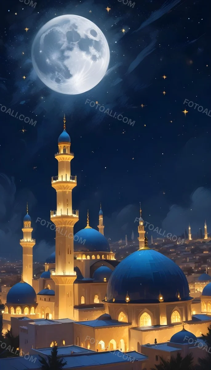 Digital Painting A Mosque With Golden Domes And Blue Towers At Night A Full Moon In The Sky Stars Scattered Around And A City With Lights In The Background Bold And Slim Lines Brush Strokes 10 C801