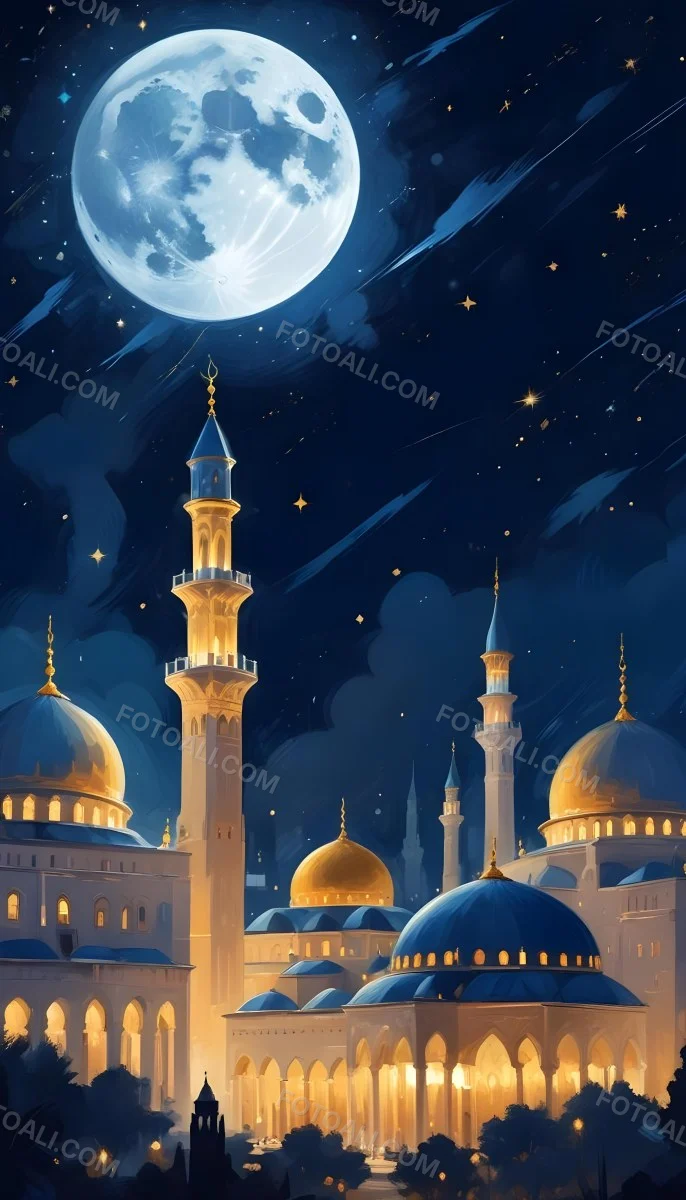 Digital Painting A Mosque With Golden Domes And Blue Towers At Night A Full Moon In The Sky Stars Scattered Around And A City With Lights In The Background Bold And Slim Lines Brush Strokes 11 3046