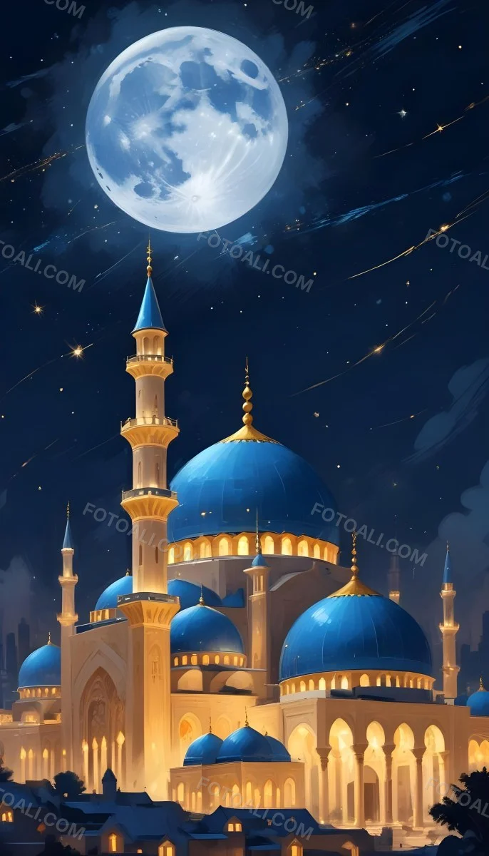 Digital Painting A Mosque With Golden Domes And Blue Towers At Night A Full Moon In The Sky Stars Scattered Around And A City With Lights In The Background Bold And Slim Lines Brush Strokes 12 8f51