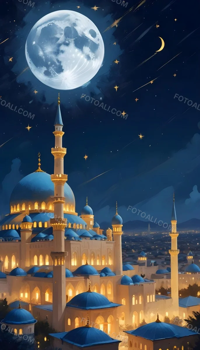Digital Painting A Mosque With Golden Domes And Blue Towers At Night A Full Moon In The Sky Stars Scattered Around And A City With Lights In The Background Bold And Slim Lines Brush Strokes 13 59a3