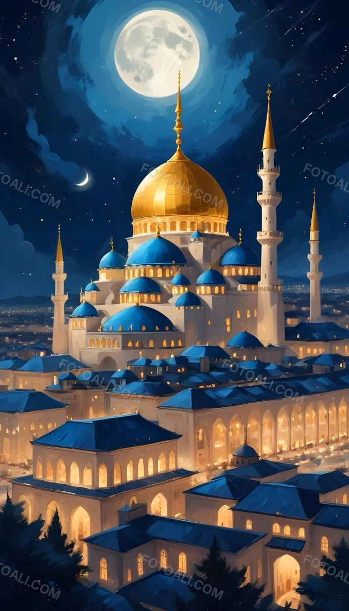 Digital Painting A Mosque With Golden Domes And Blue Towers At Night A Full Moon In The Sky Stars Scattered Around And A City With Lights In The Background Bold And Slim Lines Brush Strokes 15 B63b