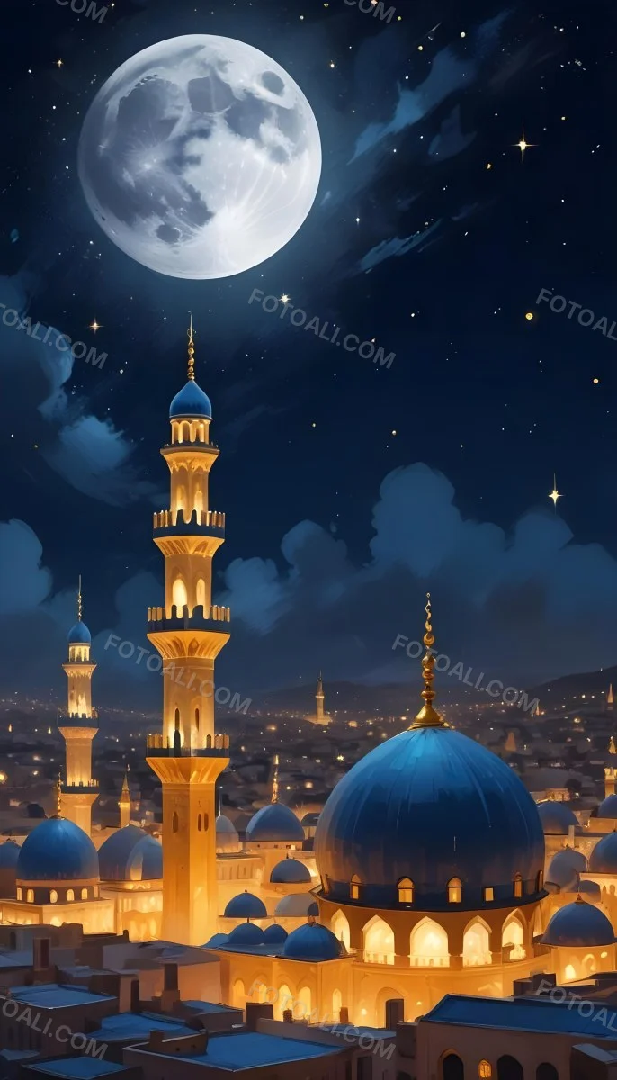 Digital Painting A Mosque With Golden Domes And Blue Towers At Night A Full Moon In The Sky Stars Scattered Around And A City With Lights In The Background Bold And Slim Lines Brush Strokes 19 D764