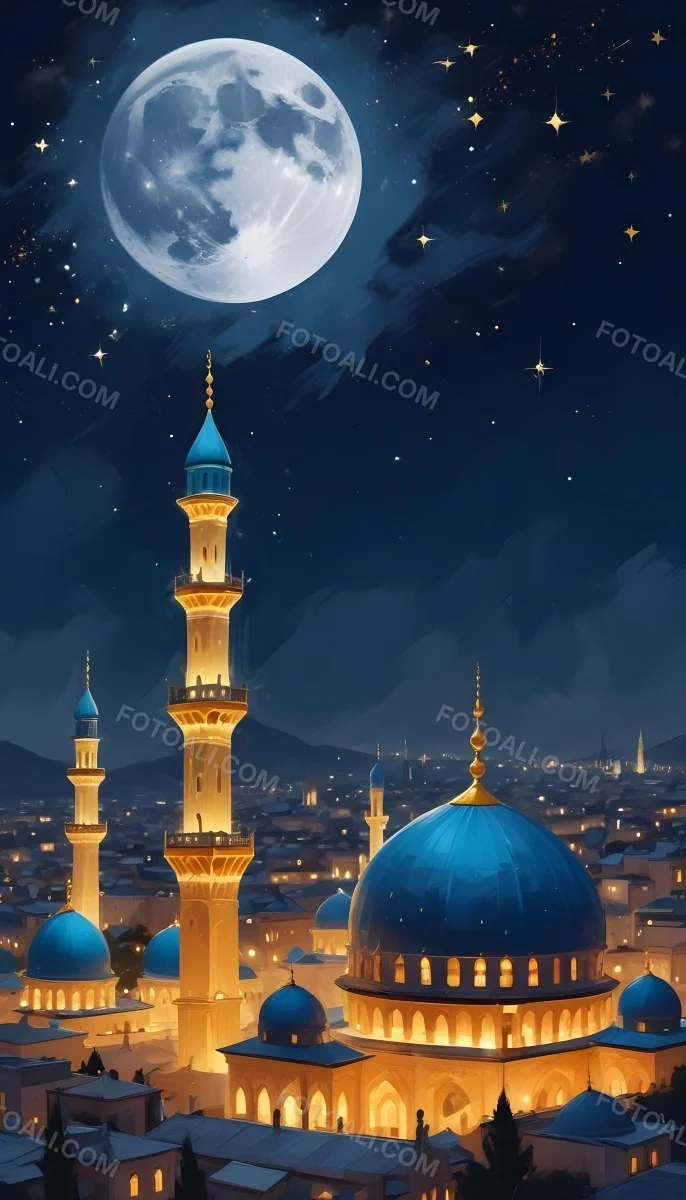 Digital Painting A Mosque With Golden Domes And Blue Towers At Night A Full Moon In The Sky Stars Scattered Around And A City With Lights In The Background Bold And Slim Lines Brush Strokes 24 4bf5