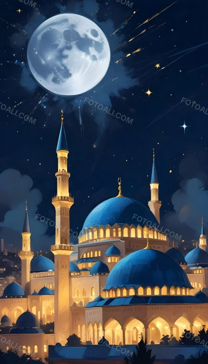 Digital Painting A Mosque With Golden Domes And Blue Towers At Night A Full Moon In The Sky Stars Scattered Around And A City With Lights In The Background Bold And Slim Lines Brush Strokes 3 4089