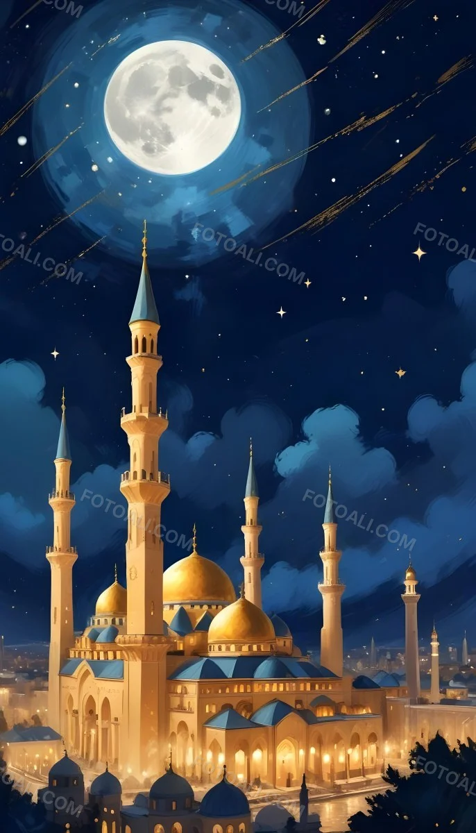 Digital Painting A Mosque With Golden Domes And Blue Towers At Night A Full Moon In The Sky Stars Scattered Around And A City With Lights In The Background Bold And Slim Lines Brush Strokes 4 F0b8