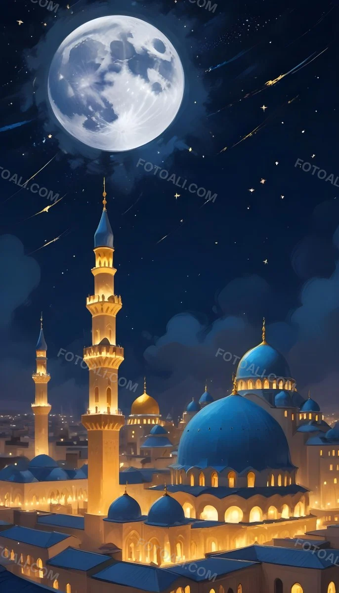 Digital Painting A Mosque With Golden Domes And Blue Towers At Night A Full Moon In The Sky Stars Scattered Around And A City With Lights In The Background Bold And Slim Lines Brush Strokes 5 Bccd