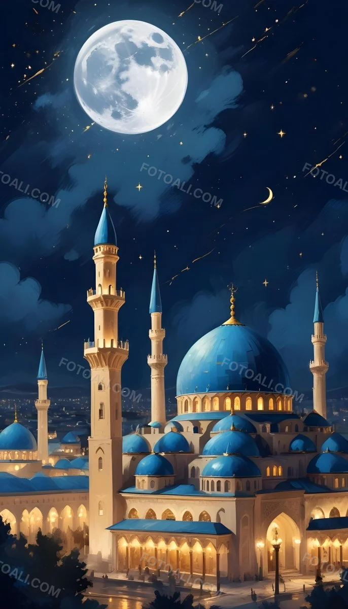 Digital Painting A Mosque With Golden Domes And Blue Towers At Night A Full Moon In The Sky Stars Scattered Around And A City With Lights In The Background Bold And Slim Lines Brush Strokes 6 D78b