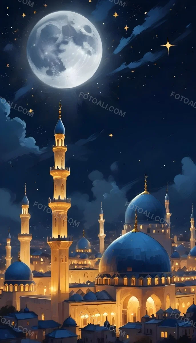 Digital Painting A Mosque With Golden Domes And Blue Towers At Night A Full Moon In The Sky Stars Scattered Around And A City With Lights In The Background Bold And Slim Lines Brush Strokes 8 2617