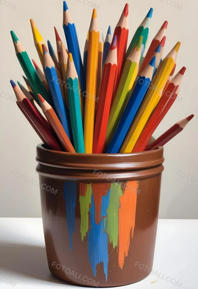 Digital Painting A Pot Filled With A Variety Of Colored Pencils Including Shades Of Red The Pot Is Split In Color With One Half Being Yellow And The Other Half Blue Two Small Capsules In Yellow And Orange Are Plac 132 D0df