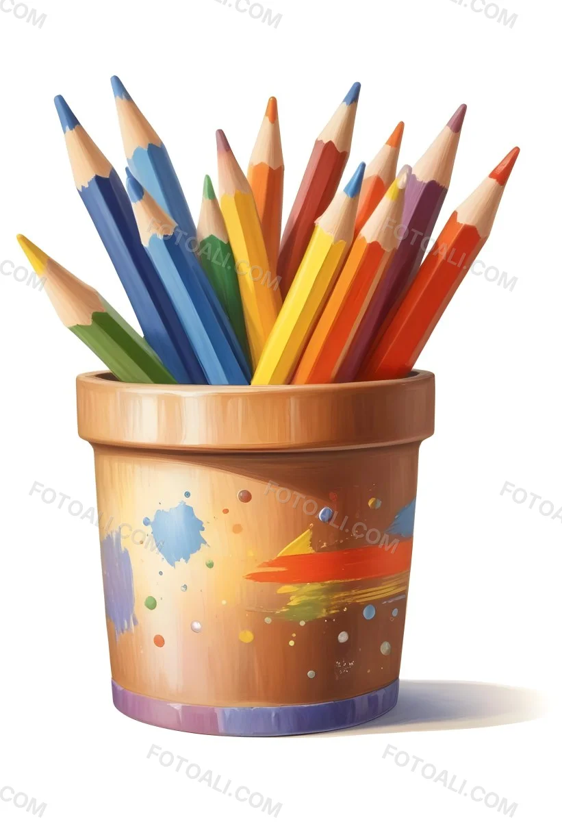 Digital Painting A Pot Filled With A Variety Of Colored Pencils Including Shades Of Red The Pot Is Split In Color With One Half Being Yellow And The Other Half Blue Two Small Capsules In Yellow And Orange Are Plac 136 100b