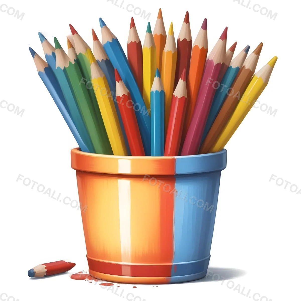 Digital Painting A Pot Filled With A Variety Of Colored Pencils Including Shades Of Red The Pot Is Split In Color With One Half Being Yellow And The Other Half Blue Two Small Capsules In Yellow And Orange Are Plac 64 F8d1