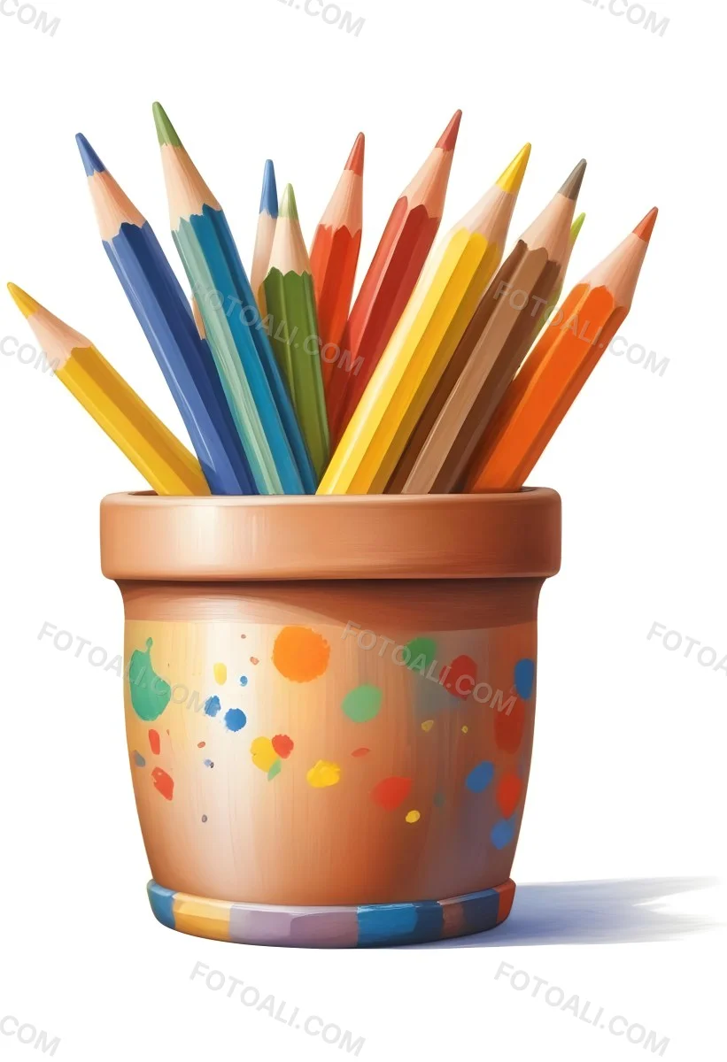 Digital Painting A Pot Filled With A Variety Of Colored Pencils Including Shades Of Red The Pot Is Split In Color With One Half Being Yellow And The Other Half Blue Two Small Capsules In Yellow And Orange Are Plac 89 0630