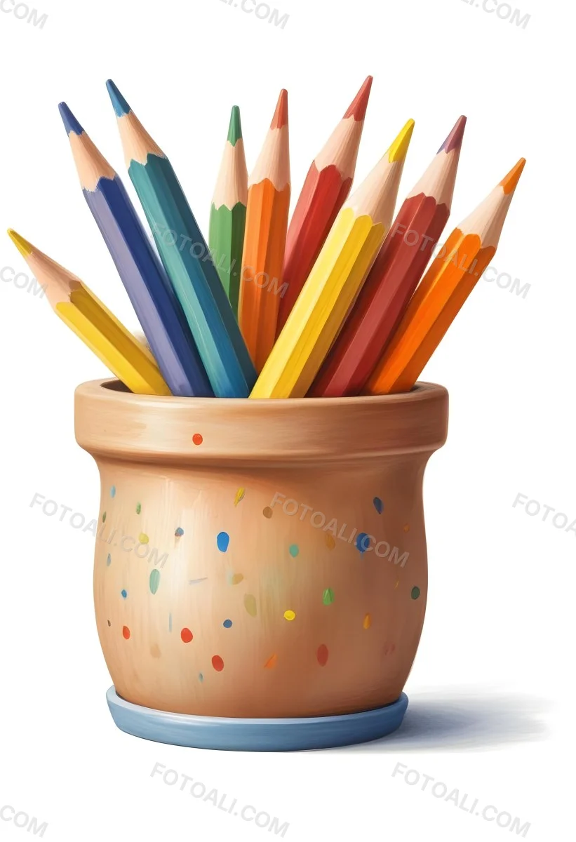 Digital Painting A Pot Filled With A Variety Of Colored Pencils Including Shades Of Red The Pot Is Split In Color With One Half Being Yellow And The Other Half Blue Two Small Capsules In Yellow And Orange Are Plac 90 79d4