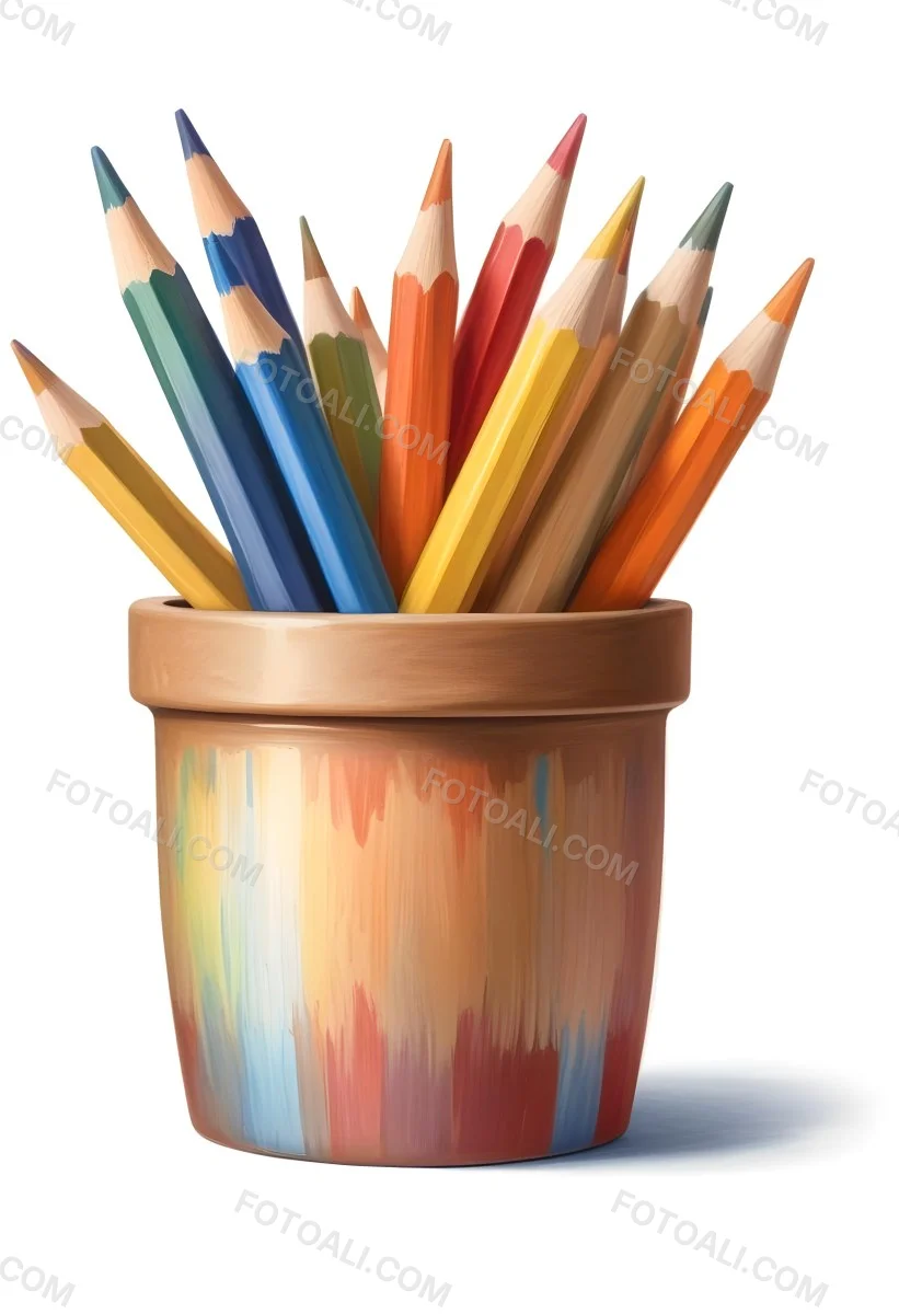 Digital Painting A Pot Filled With A Variety Of Colored Pencils Including Shades Of Red The Pot Is Split In Color With One Half Being Yellow And The Other Half Blue Two Small Capsules In Yellow And Orange Are Plac 91 6e6b