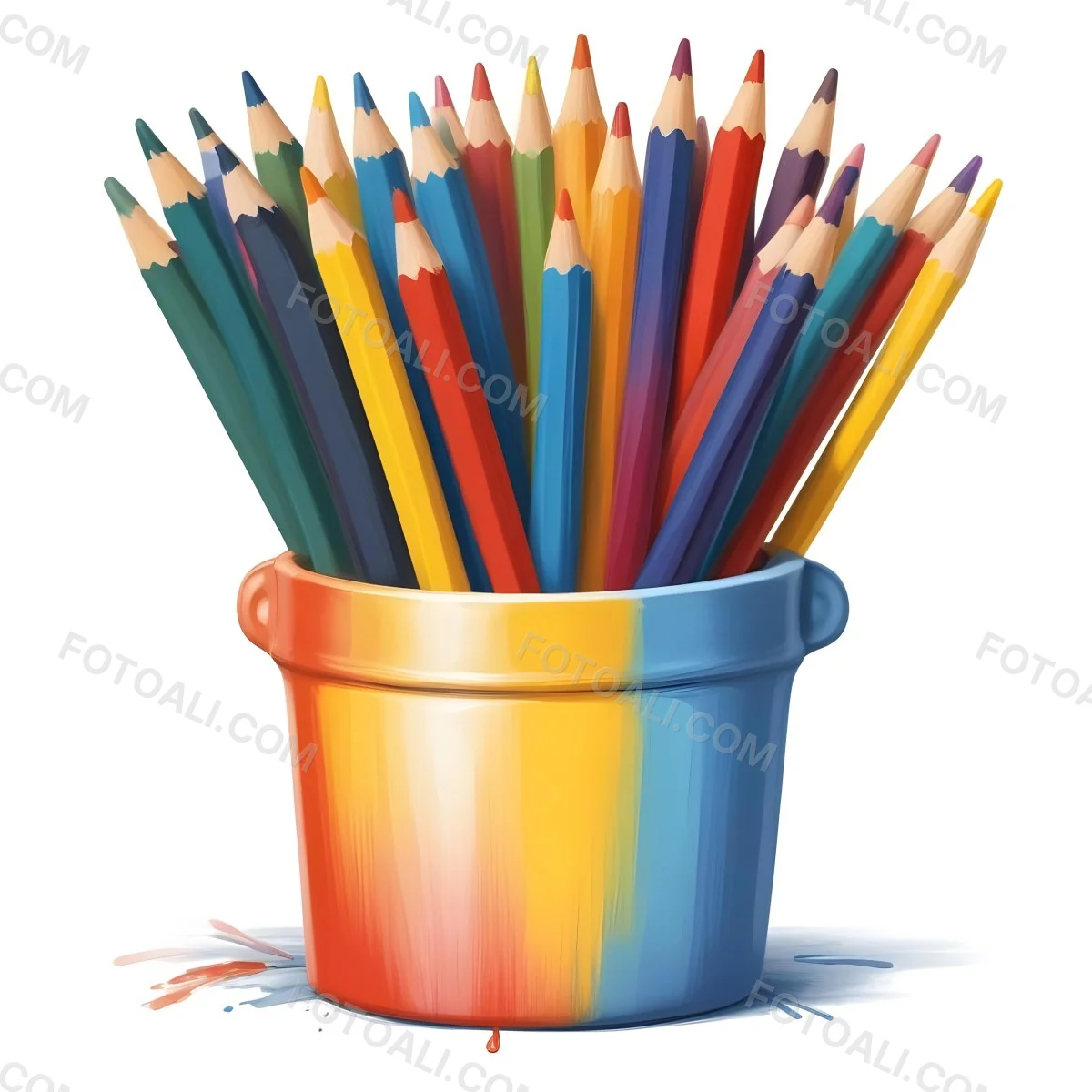 Digital Painting A Pot Filled With A Variety Of Colored Pencils Including Shades Of Red The Pot Is Split In Color With One Half Being Yellow And The Other Half Blue Two Small Capsules In Yellow And Orange Are Plac 97 566a
