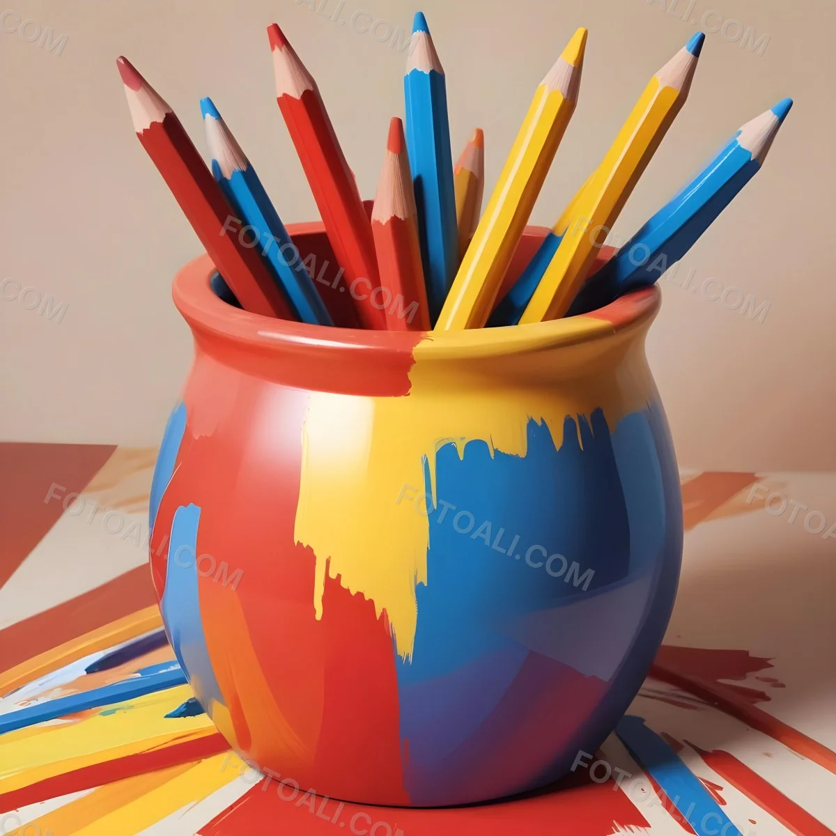 Digital Painting A Pot Filled With A Variety Of Colored Pencils Including Shades Of Red The Pot Is Split In Color With One Half Being Yellow And The Other Half Blue Two Small Capsules In Yellow And Orange Are Plac 98 90dd