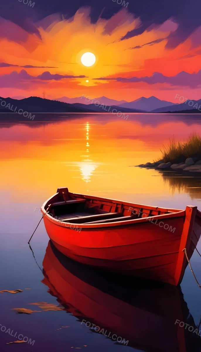Digital Painting A Red Boat Is Anchored In Calm Water During Sunset Reflecting Vibrant Orange Yellow And Purple Hues In The Sky The Sun Is Partially Visible Above The Horizon And There Are Silhouettes Of Distant Mou 10 0fa2