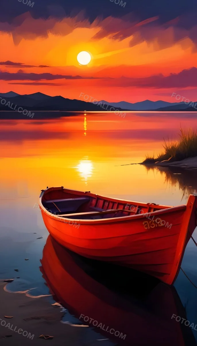 Digital Painting A Red Boat Is Anchored In Calm Water During Sunset Reflecting Vibrant Orange Yellow And Purple Hues In The Sky The Sun Is Partially Visible Above The Horizon And There Are Silhouettes Of Distant Mou 13 A98c