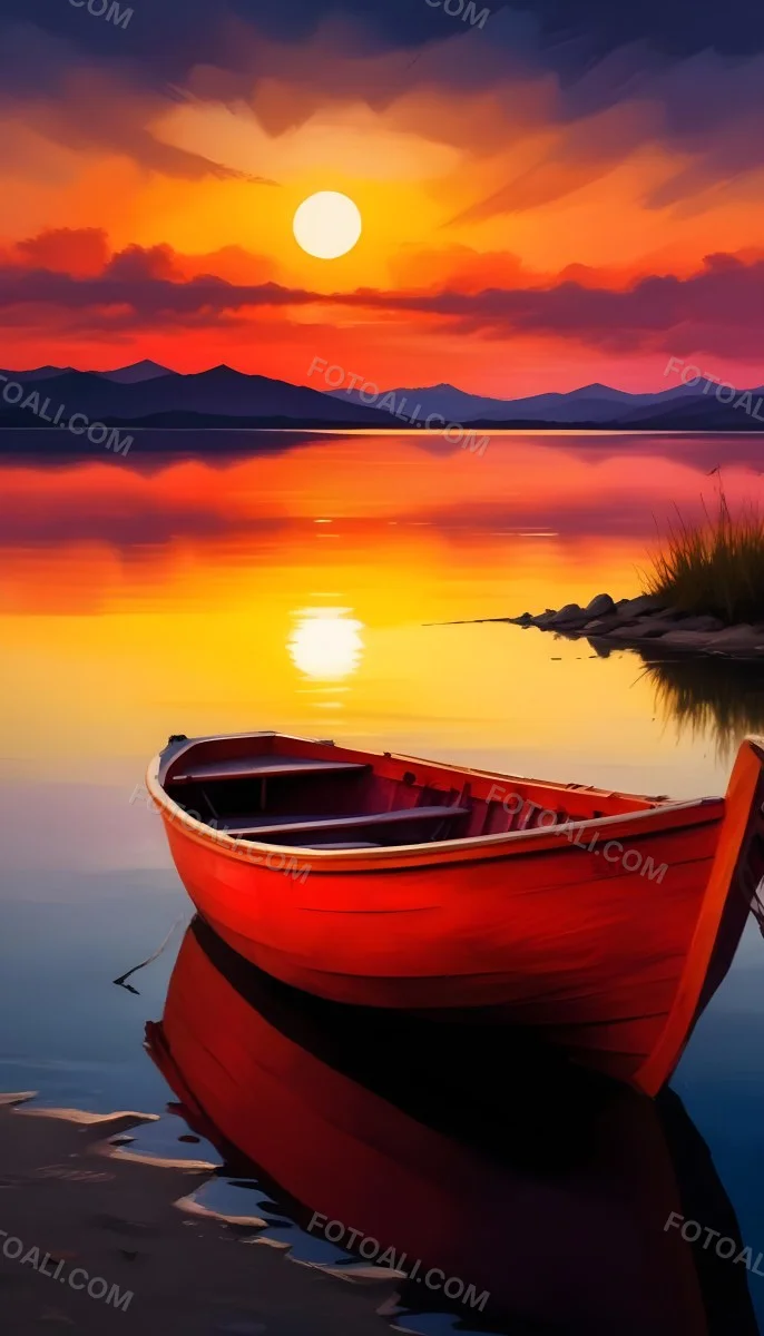 Digital Painting A Red Boat Is Anchored In Calm Water During Sunset Reflecting Vibrant Orange Yellow And Purple Hues In The Sky The Sun Is Partially Visible Above The Horizon And There Are Silhouettes Of Distant Mou 15 Fb36