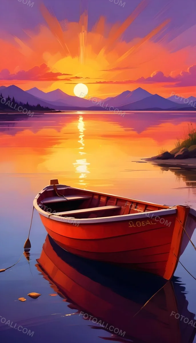 Digital Painting A Red Boat Is Anchored In Calm Water During Sunset Reflecting Vibrant Orange Yellow And Purple Hues In The Sky The Sun Is Partially Visible Above The Horizon And There Are Silhouettes Of Distant Mou 16 1597