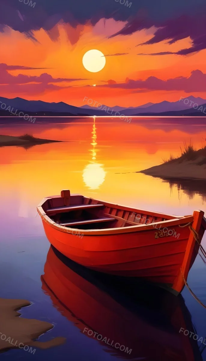Digital Painting A Red Boat Is Anchored In Calm Water During Sunset Reflecting Vibrant Orange Yellow And Purple Hues In The Sky The Sun Is Partially Visible Above The Horizon And There Are Silhouettes Of Distant Mou 3 1acf