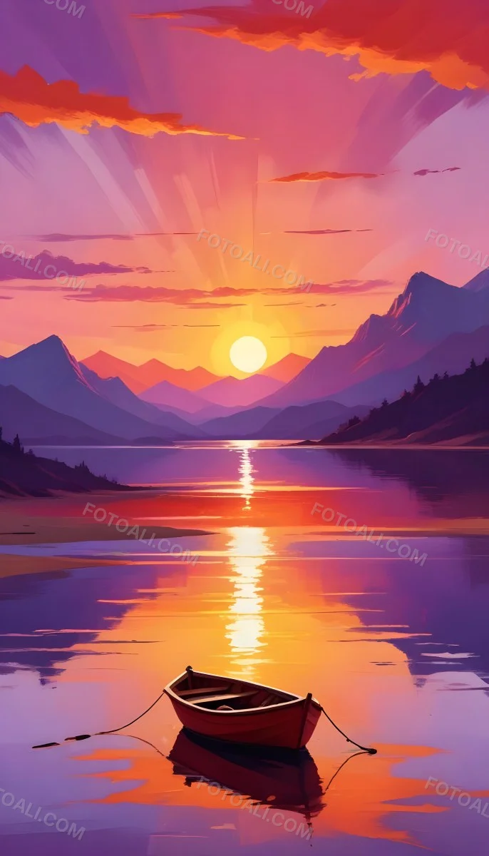 Digital Painting A Red Boat Is Anchored In Calm Water During Sunset Reflecting Vibrant Orange Yellow And Purple Hues In The Sky The Sun Is Partially Visible Above The Horizon And There Are Silhouettes Of Distant Mou 5 Cd93