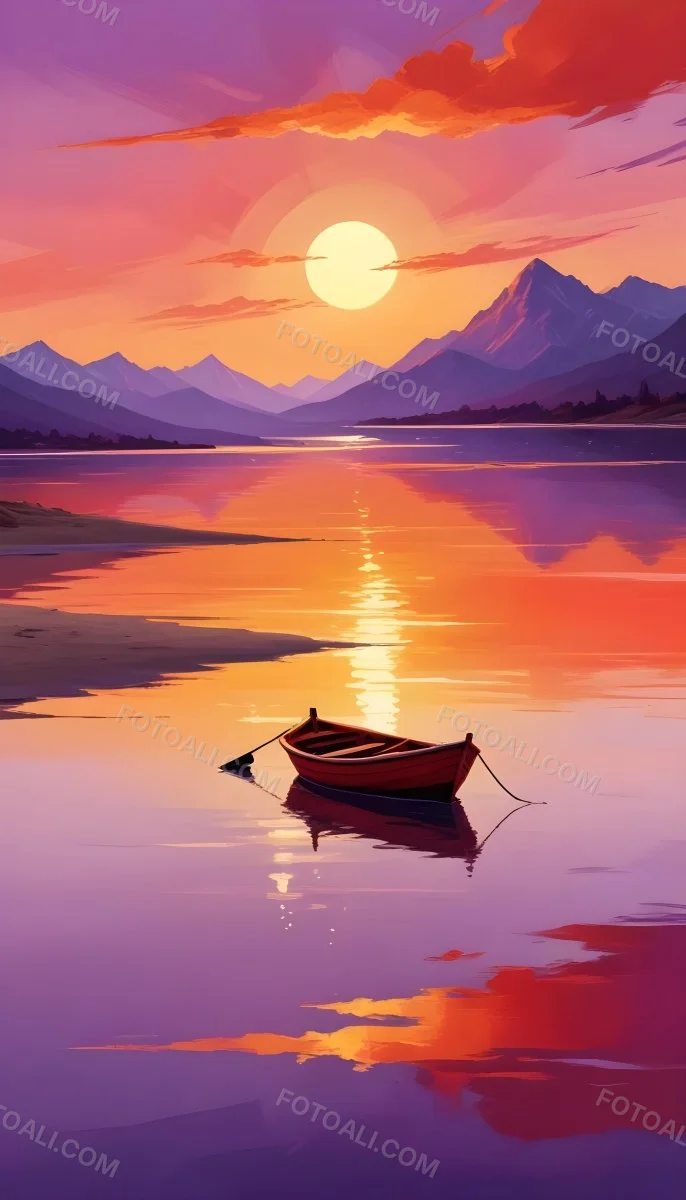 Digital Painting A Red Boat Is Anchored In Calm Water During Sunset Reflecting Vibrant Orange Yellow And Purple Hues In The Sky The Sun Is Partially Visible Above The Horizon And There Are Silhouettes Of Distant Mou 7 D106