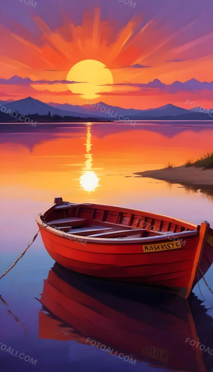 Digital Painting A Red Boat Is Anchored In Calm Water During Sunset Reflecting Vibrant Orange Yellow And Purple Hues In The Sky The Sun Is Partially Visible Above The Horizon And There Are Silhouettes Of Distant Mou 8 6157