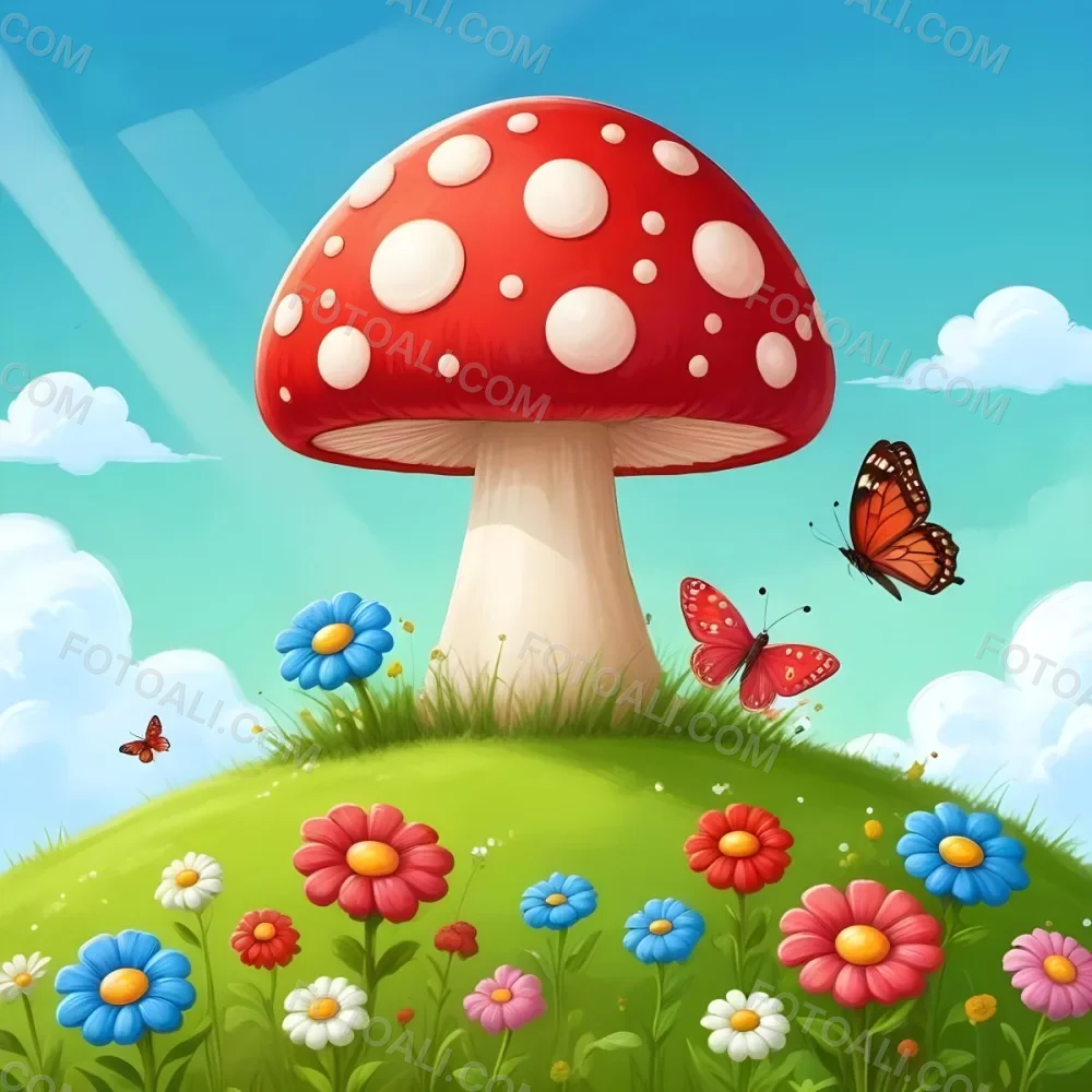 Digital Painting A Red Mushroom With Green Dots Two Butterflies Flowers Of Green On A Green Field Blue Sky With Clouds And Sun Rays Bold And Slim Lines Brush Strokes 18 52f9