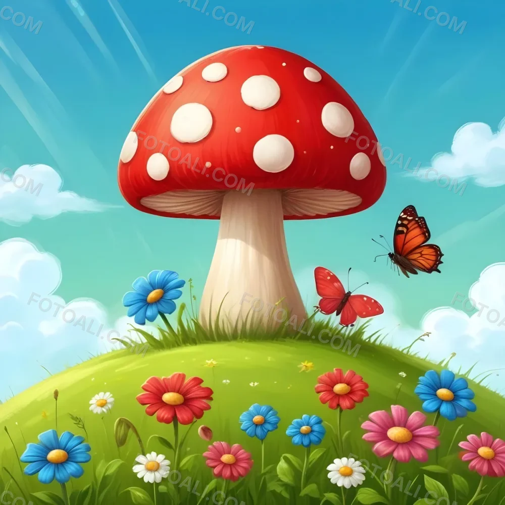 Digital Painting A Red Mushroom With Green Dots Two Butterflies Flowers Of Green On A Green Field Blue Sky With Clouds And Sun Rays Bold And Slim Lines Brush Strokes 22 44f4
