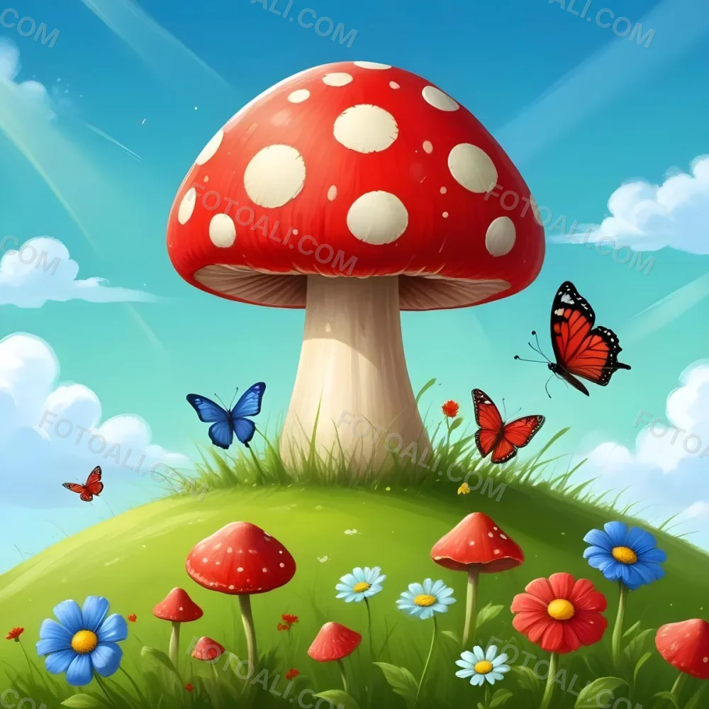 Digital Painting A Red Mushroom With Green Dots Two Butterflies Flowers Of Green On A Green Field Blue Sky With Clouds And Sun Rays Bold And Slim Lines Brush Strokes 5 B3e2