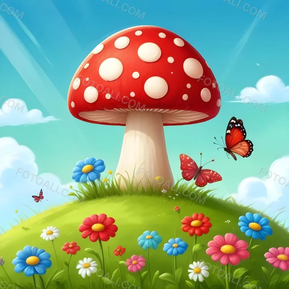 Digital Painting A Red Mushroom With Green Dots Two Butterflies Flowers Of Green On A Green Field Blue Sky With Clouds And Sun Rays Bold And Slim Lines Brush Strokes 7 9179