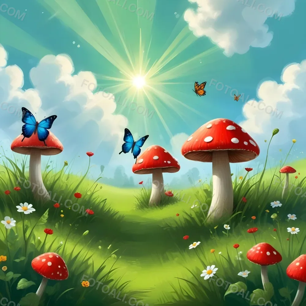 Digital Painting A Red Mushroom With Green Dots Two Butterflies Flowers Of Green On A Green Field Blue Sky With Clouds And Sun Rays Bold And Slim Lines Brush Strokes 8 E2d7