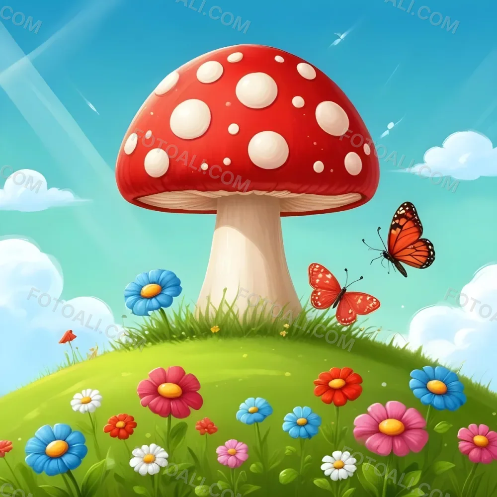 Digital Painting A Red Mushroom With Green Dots Two Butterflies Flowers Of Green On A Green Field Blue Sky With Clouds And Sun Rays Bold And Slim Lines Brush Strokes 9 9665