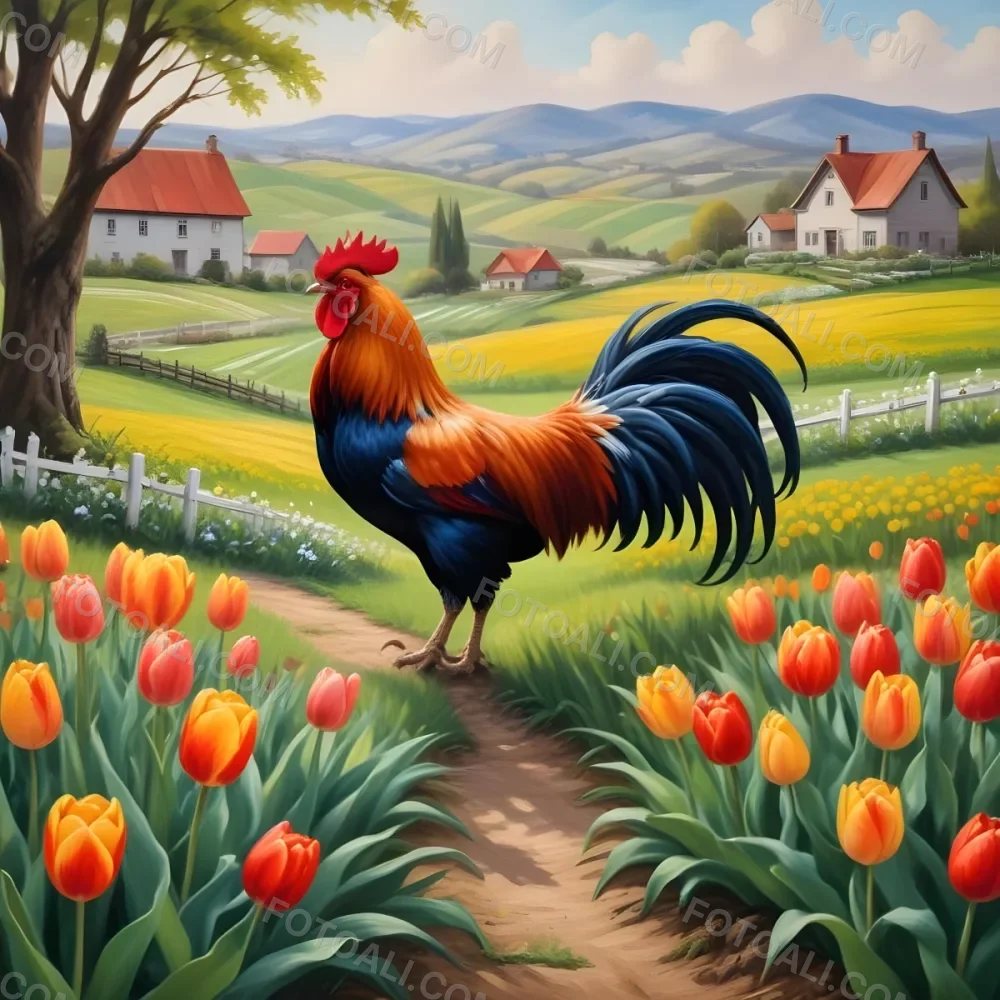 Digital Painting A Rooster In A Rural Countryside Landscape With Rolling Hills A Farmhouse And Tulips In The Foreground Bold And Slim Lines Brush Strokes 39 11fa