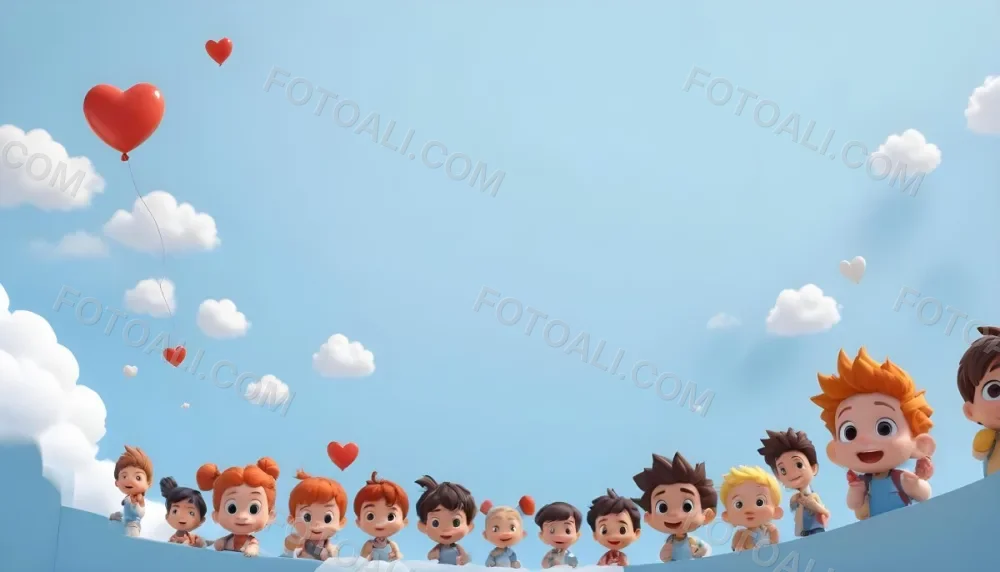 Digital Painting A Row Of Cartoon Children With Various Hairstyles And Expressions Some Holding Toys Against A Light Blue Background With Simple Clouds And Hearts Bold And Slim Lines Brush Strokes 19 Ae1f