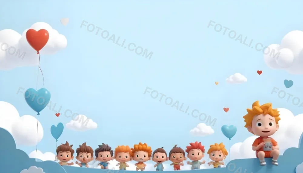 Digital Painting A Row Of Cartoon Children With Various Hairstyles And Expressions Some Holding Toys Against A Light Blue Background With Simple Clouds And Hearts Bold And Slim Lines Brush Strokes 21 6208